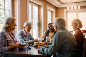 A diverse group of older adults enjoying a meal together at a wooden table