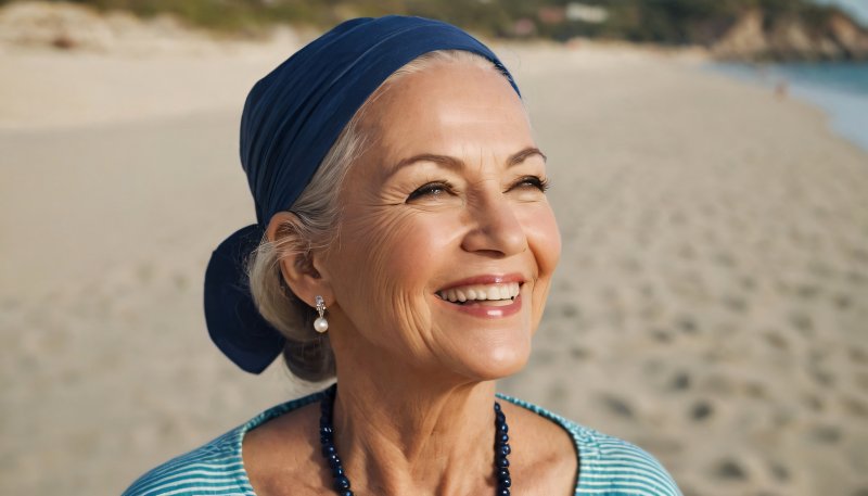 an older woman smiling while at the beach